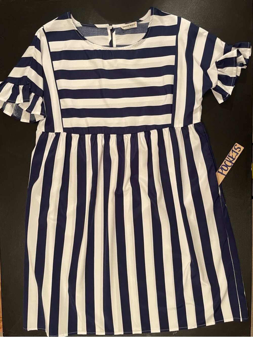 Striped Navy and White Casual Women's Dress with Ruffle Sleeves